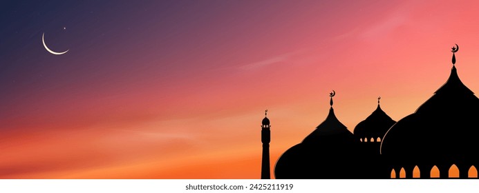 Islamic Background,Dome Mosques,Crescent Moon,Starry on Dark Blue Sky Background,Vetor symbol islamic religion with twilight sky,Banner Eid al Adha,Eid al fitr,Mubarak,New year Muharram,Ramadan Kareem