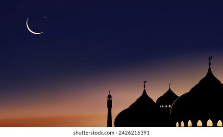 Islamic Background,Dome Mosques,Crescent Moon,Starry on Dark Blue Sky Background,Vetor symbol islamic religion with twilight sky,Banner Eid al Adha,Eid al fitr,Mubarak,New year Muharram,Ramadan Kareem