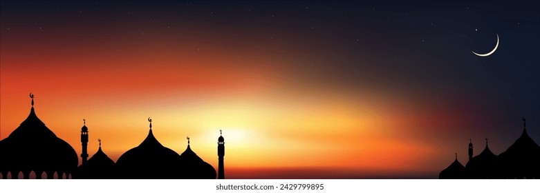 Antecedentes islámicos, Mezquitas con cúpula, Luna creciente, Estrella en el cielo azul oscuro, Símbolo del vector, Religión islámica con cielo crepuscular, Banner Eid al Adha, Eid al fitr, Mubarak, Año Nuevo Muharram, Ramadán Kareem