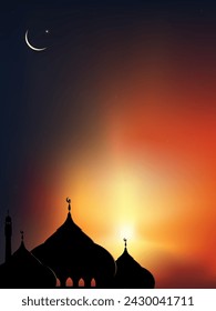 Islamic Background,Dome Mosques,Crescent Moon,Starry on Dark Blue Sky Background,Vetor symbol islamic religion with twilight sky,Banner Eid al Adha,Eid al fitr,Mubarak,New year Muharram,Ramadan Kareem