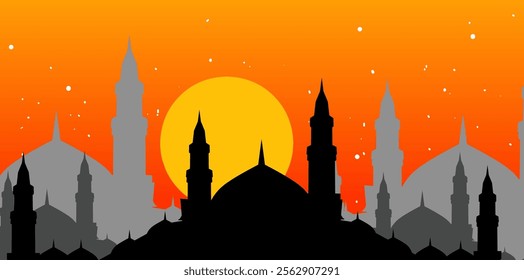 Islamic Background,Dome Mosques,Crescent Moon,Starry on Dark Blue Sky Background,Vetor symbol islamic religion with twilight sky,Banner Eid al Adha,Eid al fitr,Mubarak,New year Muharram,Ramadan Kareem