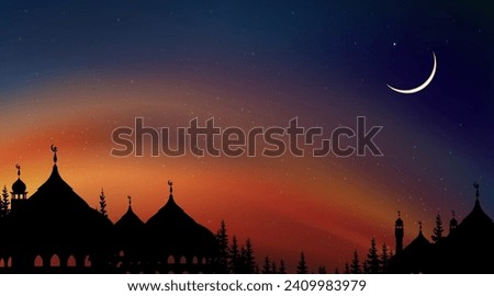 Islamic Background,Dome Mosques,Crescent Moon,Starry on Dark Blue Sky Background,Vetor symbol islamic religion with twilight sky,Banner Eid al Adha,Eid al fitr,Mubarak,New year Muharram,Ramadan Kareem