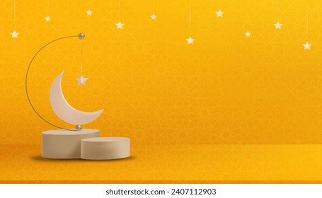 Islamic Background,Eid al-Adha or the end of the fast concept,Studio Background with lantern,Crescent moon,Star on yellow background,Vector of Muslim Symbolic,Eid al fitr, Ramadan Kareem,Eid Mubarak 