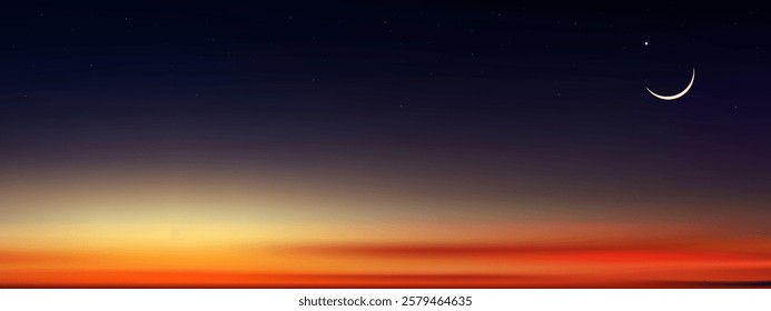 Islamic Background,Night Sky Crescent Moon,Star on dark purple twilight after sunset sky,Vector symbol islamic religion Eid al Adha,Eid al fitr,Mubarak,Islamic new year Muharram,Ramadan Kareem