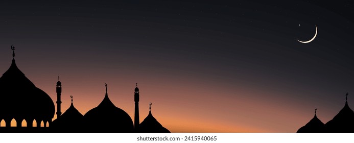 Islamic Background,Night Sky with Mosques Dome and Crescent Moon on dark purple twilight sky,Vector symbol islamic religion Eid al-Adha,Eid al-fitr,Mubarak, Islamic new year Muharram,Ramadan Kareem