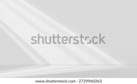 Islamic background.Shadow Arabic pattern window light on grey wall and floor.Minimal white studio background for Ramadan Kareem,Eid al Fitr,Mosque interior.Elegant Islamic product display