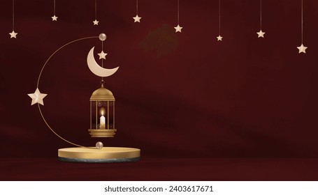 Islamic Background.Traditional islamic lantern,Crescent moon and Star hanging on red wall,Vector Banner Religion of Muslim Symbolic,Eid al fitr,Ramadan Kareem,Eid al Adha,Eid Mubarak,New Year Muharram