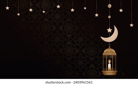 Islamic Background.Traditional islamic lantern,Crescent moon and Star hanging on black wall,Vector  Religion of Muslim Symbolic,Eid al fitr,Ramadan Kareem,Eid al Adha,Eid Mubarak,New Year Muharram