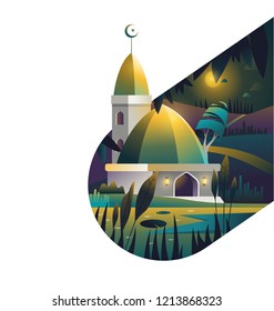 Islamic backround with mosque in a beautiful scenery landscape at night