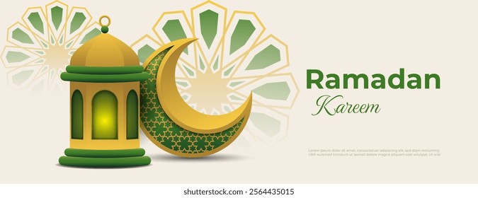 islamic banner background with 3d crescent and lantern in gold and green color. great for ramadan kareem, eid mubarak celebration and other islamic holiday.
