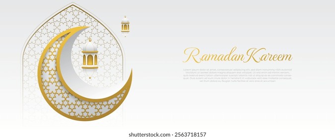 islamic banner background with crescent and lantern in white and gold color. great for ramadan kareem card, eid mubarak celebration,  muharram banner.