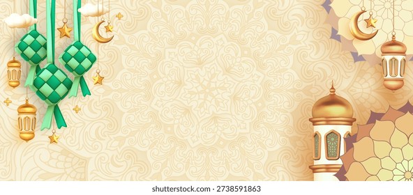 Islamic banner background with Ketupat, Mosque dome, Ramadan lantern, crescent, mandala and Arabic pattern background. great for ramadan, eid mubarak, etc.