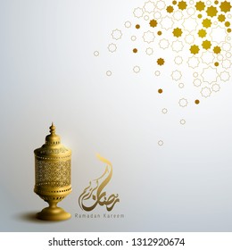 Islamic banner background Ramadan Kareem with gold arabic lantern and geometric pattern illustration - Translation of text : May Generosity Bless you during the holy month