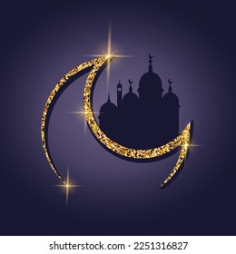 Islamic banner for celebration Holy Month of Muslim Community. Religion concept. Arabic mosque silhouette with gold moon, star, text. Eid mubarak greeting card. Vector illustration in realistic style