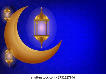 islamic banner design with moon and lanterns. vector illustration. blue color background