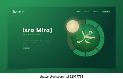 Islamic banner greeting Isra Miraj or the Prophet's night journey with the calligraphy text of Muhammad