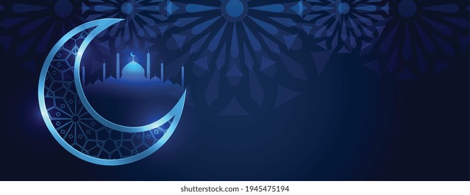 islamic banner with moon and mosque design