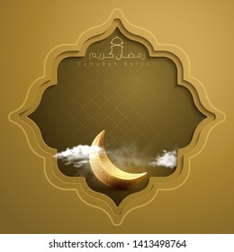 Islamic banner Ramadan Kareem greeting background with gold crescent symbol and geometric pattern eastern style vector illustration - Translation of text : May Generosity Bless you during the holy mon