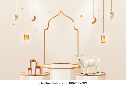 Islamic banner with realistic sheep, podium, lantern, and crescent moon fo idul adha or eid al adha festivity