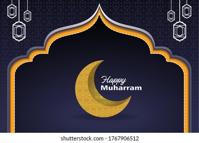 islamic baxkground with lantern, moon and text happy muharram