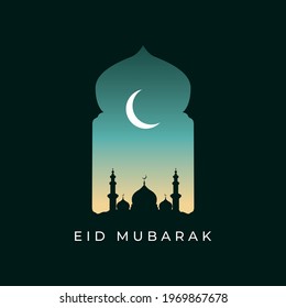Islamic beautiful design template. Eid mubarak. Mosque silhouette with moon on black background. Ramadan kareem greeting card, banner, cover or poster. Vector illustration.