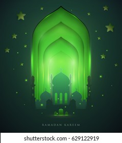 Islamic beautiful design template. Glowing mosque at night with stars and particles on green background in paper cut style. Ramadan kareem greeting card, banner. Vector illustration.