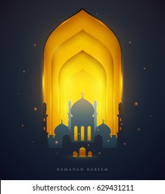 Islamic beautiful design template. Glowing mosque at night with particles on yellow golden background in paper cut style. Ramadan kareem greeting card, banner. Vector illustration.