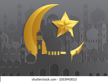 Islamic beautiful design template. Golden moon and star with Mosque. Ramadan kareem greeting card,paper cut style, banner, cover or poster. Vector illustration. EPS 10.