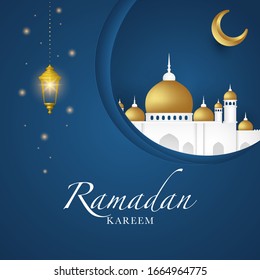 Planta islámica de diseño hermoso. Mezquita con faroles. Tarjeta de bienvenida Ramadan kareem, pancarta, portada o afiche. Ilustración vectorial. EPS 10.