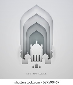 Modelo de design bonito islâmico. Mesquita em fundo branco em estilo de corte de papel. Ramadan kareem cartão, banner, capa ou cartaz. Ilustração vetorial. EPS 10.