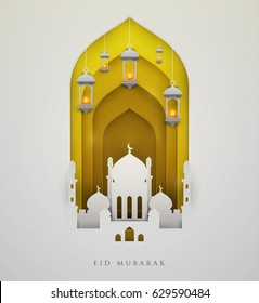 Islamic beautiful design template. Mosque  with lanterns on white  background in paper cut style. Ramadan kareem greeting card, banner, cover or poster. Vector illustration. EPS 10.