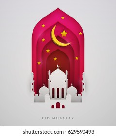 Islamic beautiful design template. Mosque  with moon and stars on white  background in paper cut style. Ramadan kareem greeting card, banner, cover or poster. Vector illustration. EPS 10.