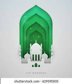Islamic beautiful design template. Mosque  with green particles on white  background in paper cut style. Ramadan kareem greeting card, banner, cover or poster. Vector illustration. EPS 10.