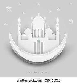 Islamic beautiful design template. Mosque with moon and stars on white background in paper cut style. Ramadan kareem greeting card, banner, cover or poster. Vector illustration. EPS 10.