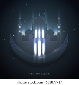 Islamic beautiful design template. Mosque with mysterious light on black background in paper cut style. Ramadan kareem greeting card, banner, cover or poster. Vector illustration. EPS 10.