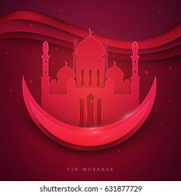 Islamic beautiful design template. Mosque with red moon on black background in paper cut style. Ramadan kareem greeting card, banner, cover or poster. Vector illustration. EPS 10.