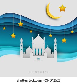 Islamic beautiful design template. Mosque with yellow moon and stars on white background in paper cut style. Ramadan kareem greeting card, banner, cover or poster. Vector illustration. EPS 10.