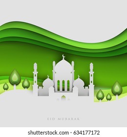Islamic beautiful design template. Mosque with green trees on white background in paper cut style. Ramadan kareem greeting card, banner, cover or poster. Vector illustration. EPS 10.