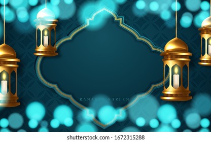 Islamic beautiful design template, with realistic hanging lantern, on beauty bookeh background