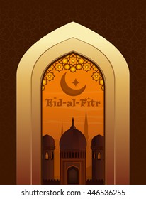 Islamic beautiful greeting card with greeting lettering - Eid-al-Fitr. View of the Arab city through the arch at the mosque. Vector illustration