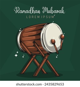 Islamic bedug drum isolated on white background cartoon style, ramadan kareem, mawlid, iftar, isra miraj, eid al fitr adha, muharram decoration