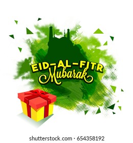 Islamic blessed festival Eid-Al-Fitr celebrations concept with gift box and mosque.