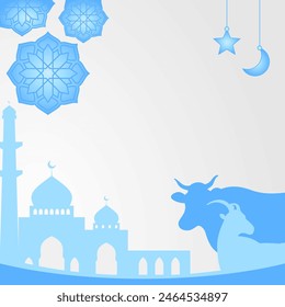 Fondo azul islámico para Eid al-Adha, con siluetas de mezquita, mandala, vaca y cabra. Plantilla de póster con espacio vacío para texto. ilustración del día de sacrificio