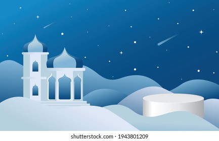 Islamic blue background with empty podium for product exhibition display. Minimal vector design
