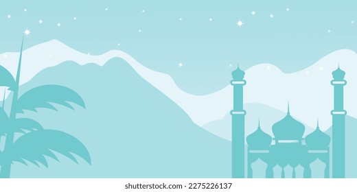 Islamic blue mountains background, with ornamented silhouette of mosque and night stars. Vector template for banners, greeting cards for Islamic holidays.
