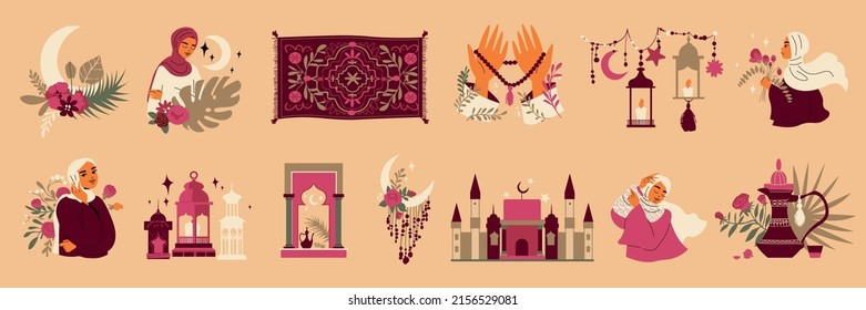 Islamic boho color icons set with tradition muslim religion symbols isolated vector illustration