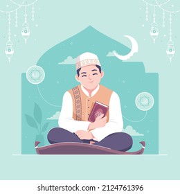 Islamic Boy Character Holding Quran Illustration