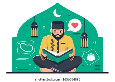 Islamic Boy Character Reading Quran