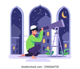 An Islamic boy looks at the constellations to see the constellations in Ramadan. vector illustration flat design