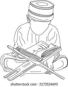 Islamic Boy Reading Quran Vector, Islamic Logo, Muslim Young Boy Reading Quran Sketch Drawing, Silhouette Of Young Islamic Boy